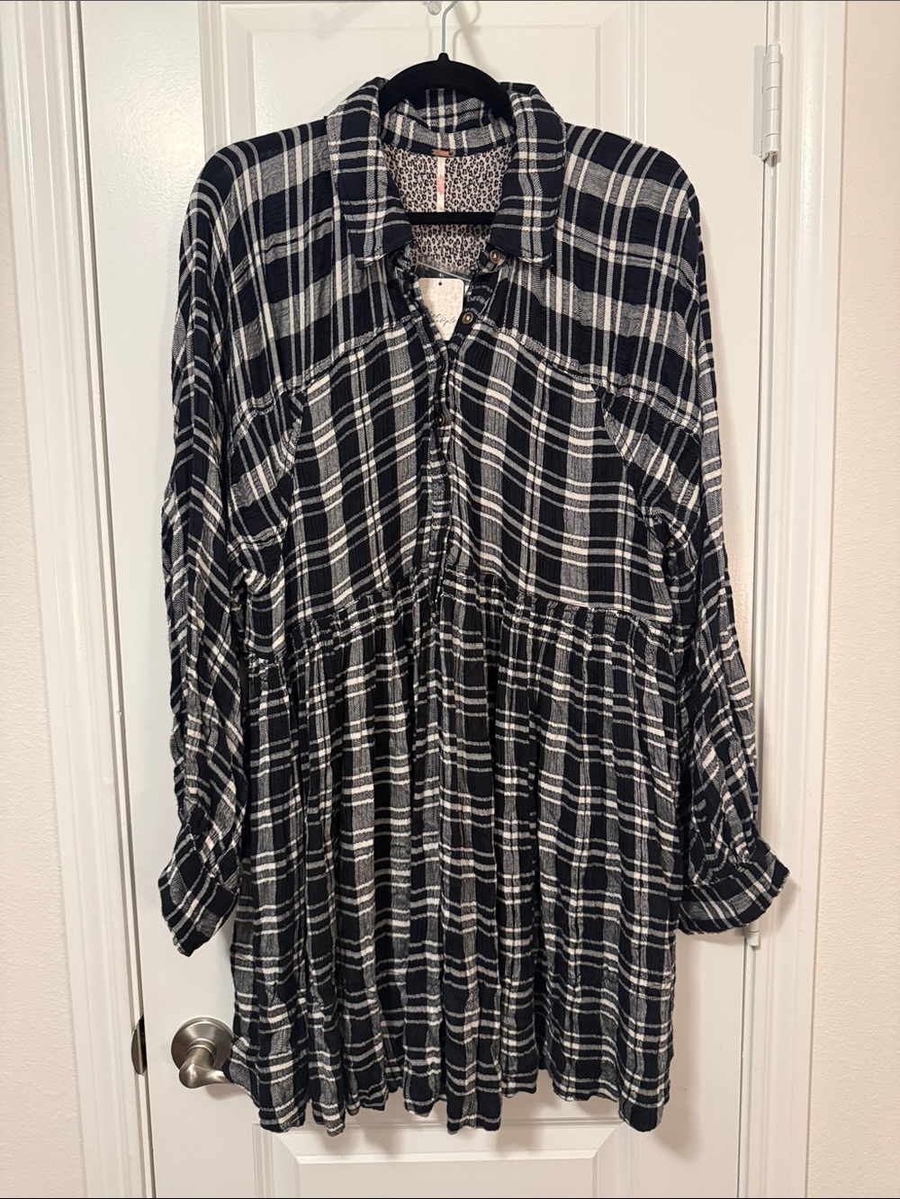 Free People Hoffman Plaid Long Sleeve Mini Button Front Collared Dress NWT LG